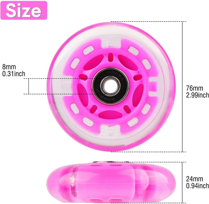 WHEELGOO 4-Pack PU Inline Skate Wheels Flashing Wheels Replacement w/Bushings for Kids Youth Children's Roller Skates (Pink, 80mm) - Image 2